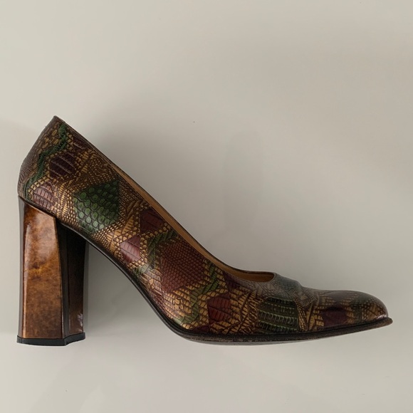 Vintage 90s Gianmarco Lorenzi Snakeskin Pumps Square Toe Heels EU 39.5 US 8.5 - Picture 2 of 11